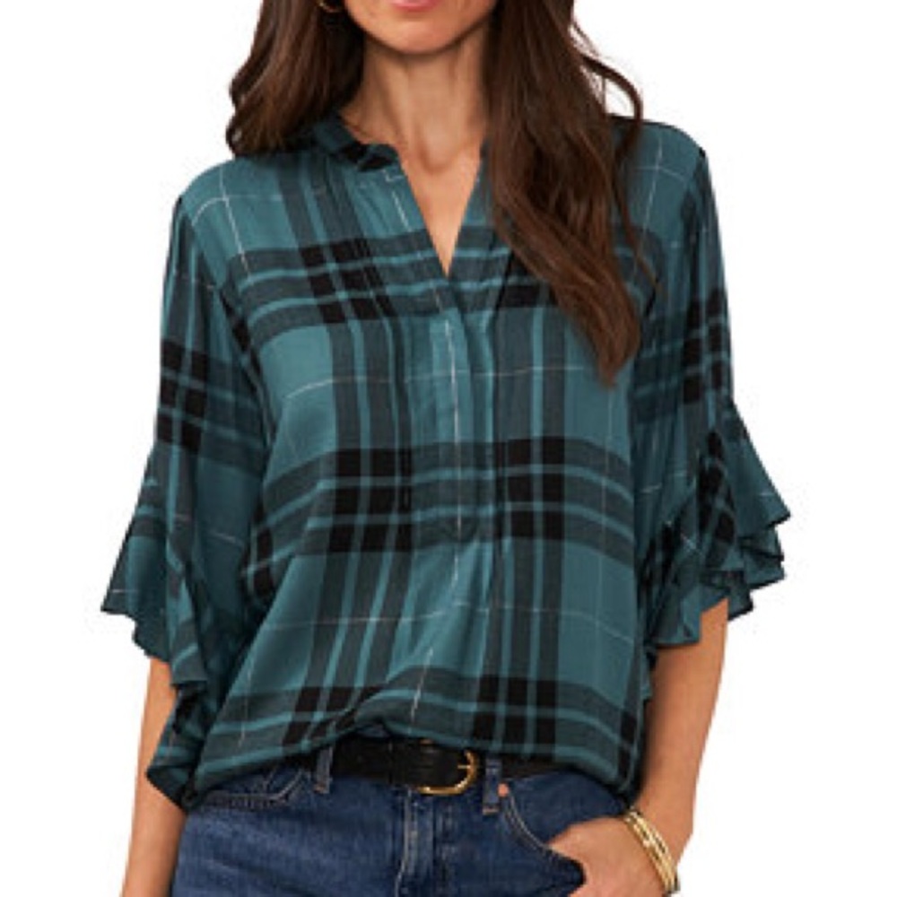 Vince Camuto Women's‎ Plaid Pintuck Flutter 3/4-Sleeve Henley Blouse size 1X